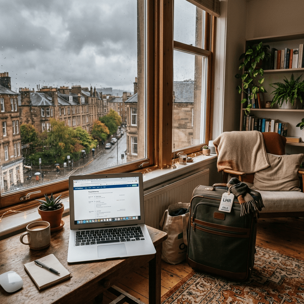 Cozy apartment suitcase laptop cloudy window view