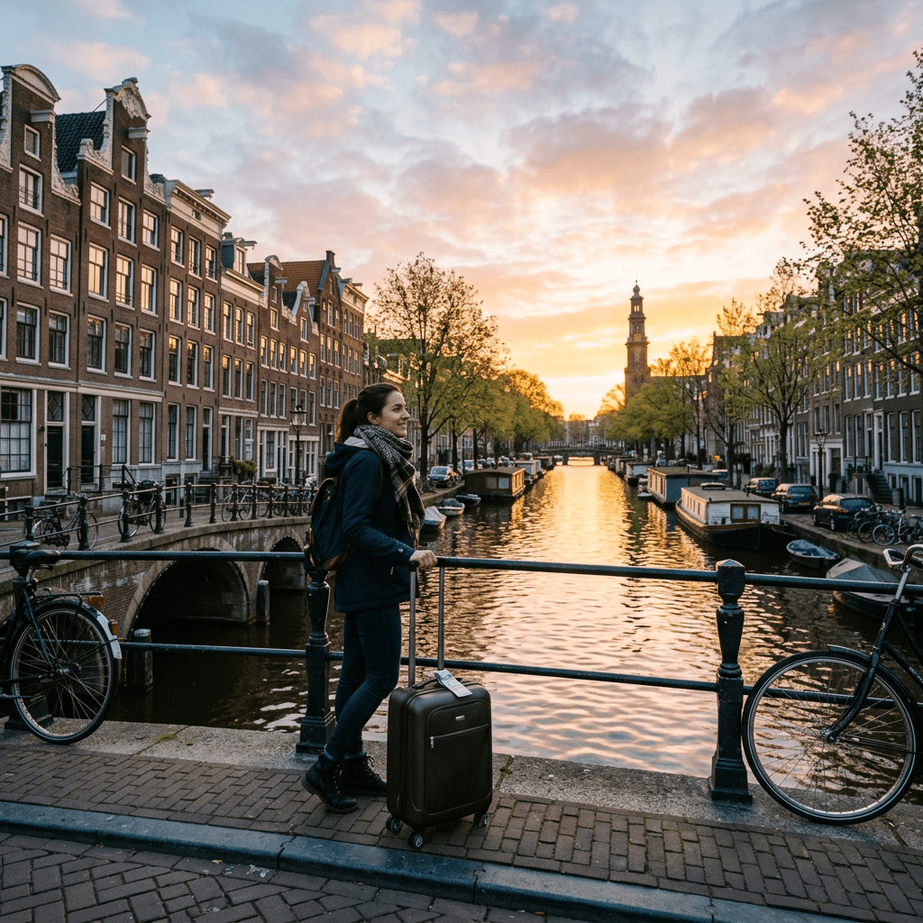 Traveler standing with luggage by canal railing in Amsterdam during sunset